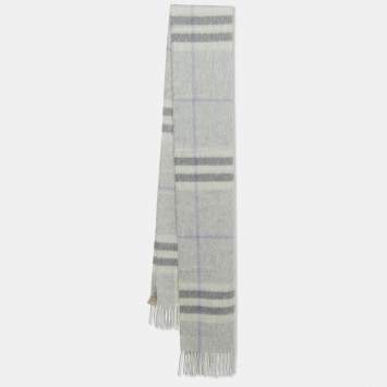 Pre Owned Burberry Grey Nova Check Cashmere Fringed Muffler 