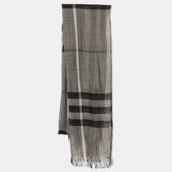 Pre Owned Burberry Black/Cream Checked Wool & Silk Stole 