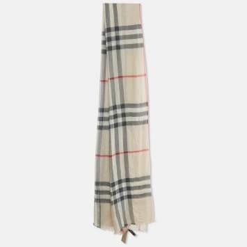 Pre Owned Burberry Beige Giant Check Wool and Silk Scarf 