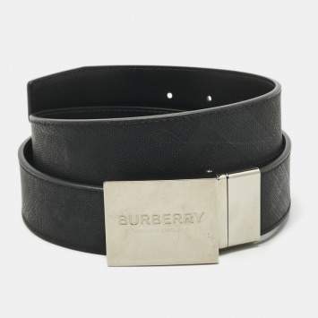 Pre Owned Burberry Dark Charcoal Check Coated Canvas Logo Plaque Buckle Belt 100 CM