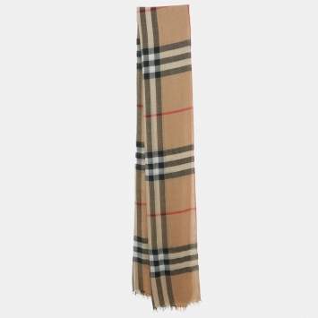 Pre Owned Burberry Beige Check Wool and Silk Scarf 