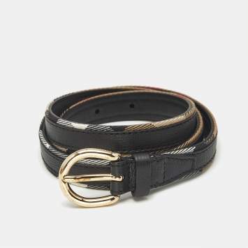 Pre Owned Burberry Black/Beige Leather and House Check Canvas Slim Belt 85 CM