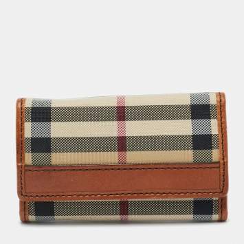 Pre Owned Burberry Brown/Beige Haymarket Fabric and Leather Key Holder