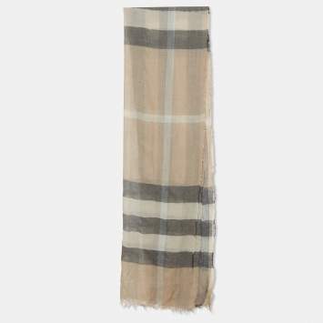 Pre Owned Burberry  Beige Nova Check Pattern Linen & Wool Shawl