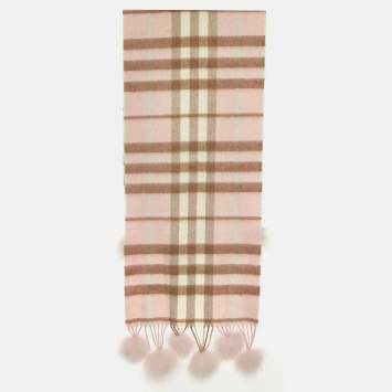 Pre Owned Burberry Pink Nova Check Cashmere Fox Fur Pom-Pom Scarf
