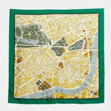 Pre Owned Burberry Green/Yellow Map Print Silk Square Scarf