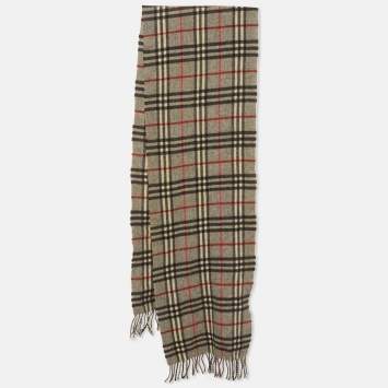 Pre Owned Burberry Grey Nova Checked Wool Fringed Scarf 