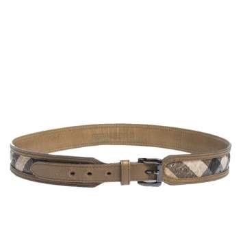 Pre Owned Burberry  Gold/Beige Brocade Embossed Check PVC and Leather Buckle Belt 90CM