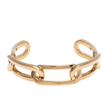 Pre Owned Burberry Chain Link Motif Gold Tone Open Cuff Bracelet L