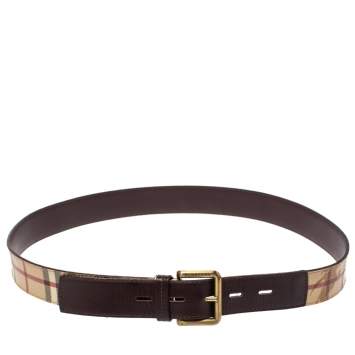 Pre Owned Burberry Beige/Brown Haymarket Check Coated Canvas and Leather Belt 100CM