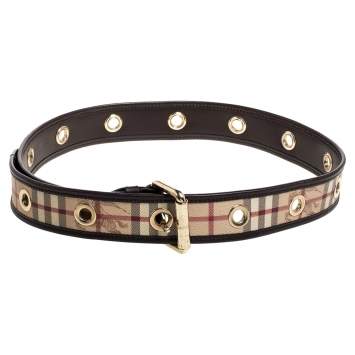 Pre Owned Burberry Brown Haymarket Check Coated Canvas and Leather Grommet Buckle Belt 90CM