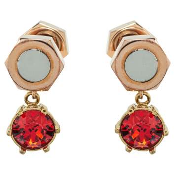 Pre Owned Burberry Two Tone Scarlet Crystal Nut & Bolt Drop Earrings