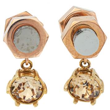Pre Owned Burberry Two Tone Topaz Crystal Nut & Bolt Drop Earrings