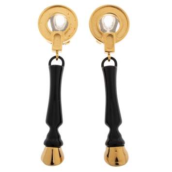 Pre Owned Burberry Light Gold Plated Black Hoof Drop Clip On Earrings