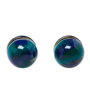 Pre Owned Burberry Green Marbled Resin Sphere Silver Tone Stud Earrings