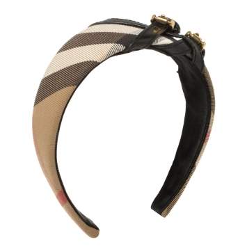 Pre Owned Burberry Beige House Check Canvas Leather Buckle Trim Headband