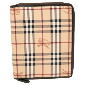 Pre Owned Burberry Beige/Brown Haymarket Check PVC and Leather Zip Around iPad Case