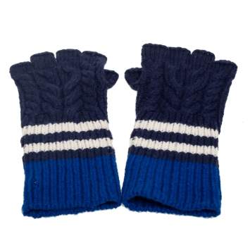  Burberry Blue Striped Cable Knit Cashmere Fingerless Gloves