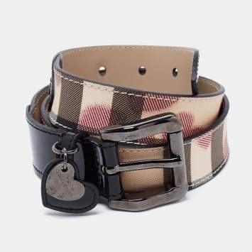 Pre Owned Burberry Beige/Black Nova Check Heart Coated Canvas and Patent Leather Buckle Belt 80 CM