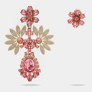 Pre Owned Burberry Pink Floral Crystal Asymmetric Clip-on Earrings