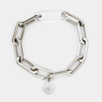 Pre Owned Burberry Palladium Plated Chain Link Glass Ball Charm Bracelet