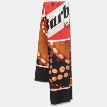 Pre Owned Burberry Black & Coral Octopus And Logo Graphic Print Silk Square Scarf