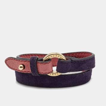 Pre Owned Burberry  Navy Blue Suede Leather Gold Tone Bracelet