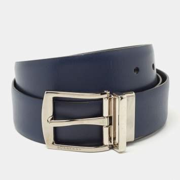Pre Owned Burberry Blue/Black Leather Reversible Buckle Belt 80CM