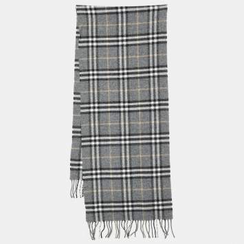Pre Owned Burberry Grey Checkered Wool & Cashmere Fringed Scarf