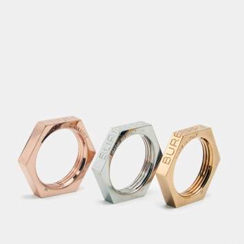 Pre Owned Burberry Bolt Three Tone Metal Ring Set Size 52