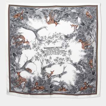 Pre Owned Burberry White Deer Printed Silk Square Scarf