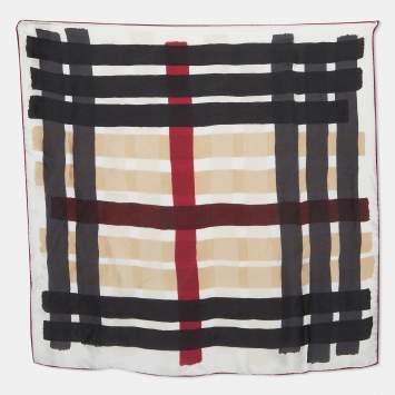 Pre Owned Burberry White/Black Check Print Silk Square Scarf