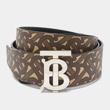Pre Owned Burberry Brown Bridle Monogram Coated Canvas TB Buckle Belt 85CM