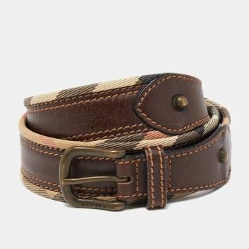 مملوكة مسبقًا Burberry Dark Brown/Beige Check Canvas and Leather Buckle Belt 90CM