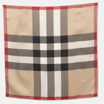 Pre Owned Burberry Beige Classic Check Printed Silk Square Scarf