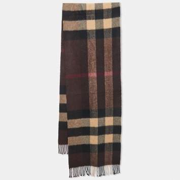 Pre Owned Burberry Brown Giant Check Cashmere Fringed Stole