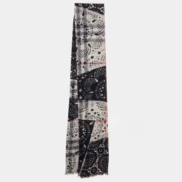 Pre Owned Burberry Beige & Black Printed Wool & Silk Shawl