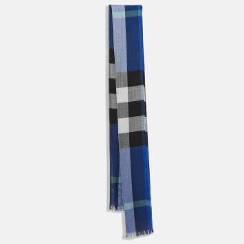 Pre Owned Burberry Blue Checkered Silk & Cashmere Fringed Shawl