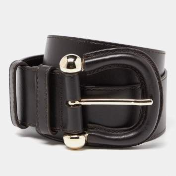 Pre Owned Burberry Dark Brown Leather Waist Wide Buckle Belt 90CM