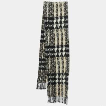 Pre Owned Burberry Black Nova Check Patterned Wool Fringed Scarf