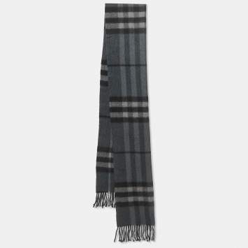Pre Owned Burberry Grey Check Patterned Cashmere Fringed Scarf