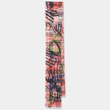 Pre Owned Burberry Multicolor Scribbled Check Print wool & Silk Fringed Stole