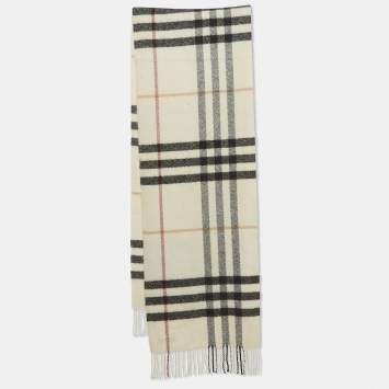 Pre Owned Burberry Cream Checked Cashmere Blend Fringed Muffler