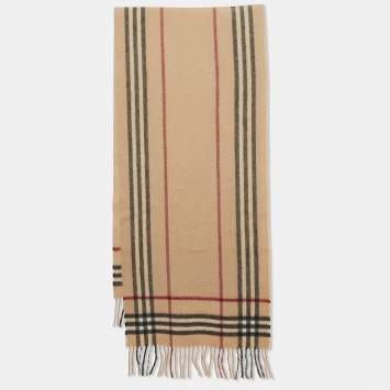 Pre Owned Burberry Beige Checked Cashmere and Wool Fringed Muffler