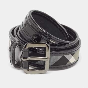 Pre Owned Burberry Black Smoked Check Fabric and Patent Leather Buckle Belt 90CM