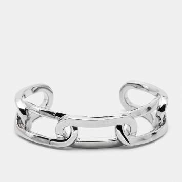Pre Owned Burberry Chain Link Motif Silver Tone Open Cuff Bracelet M