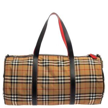 Pre Owned Burberry Black/Beige Vintage Check Nylon and Leather Large Barrel Bag