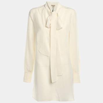 Pre Owned Burberry Cream Silk Neck Tie Long Sleeves Top S