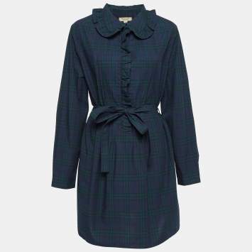Pre Owned Burberry Navy Blue Plaid Cotton Ruffled Mini Dress L