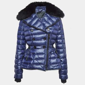 Pre Owned Burberry Navy Blue Synthetic Detachable Fox Fur Collar Quilted Jacket S